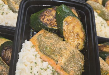 Baked Pesto Crusted Salmon (Wild Caught) w/ Parmesan Risotto Baked Pesto Crusted Salmon (Wild Caught) w/ Parmesan Risotto